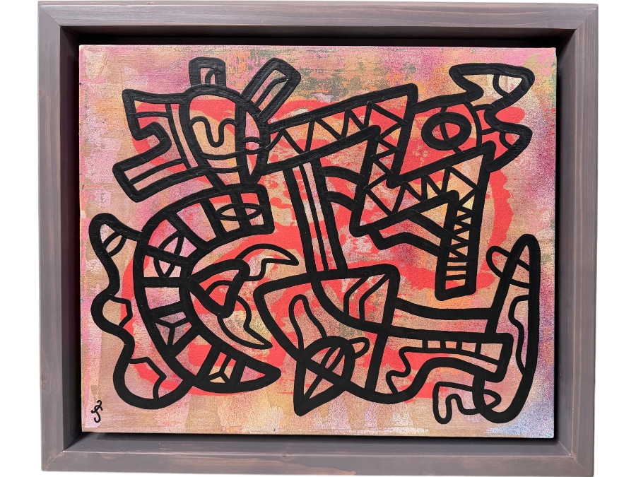 Santos Orellana (B. 1974, American) Original Acrylic Painting On Canvas Signed Bottom Left 'The Art Of Santos' Urban Pop Artwork 28.5' X 24.5' With Substantial Hand Painted Wooden Frame Estimate $1,000-$1,400