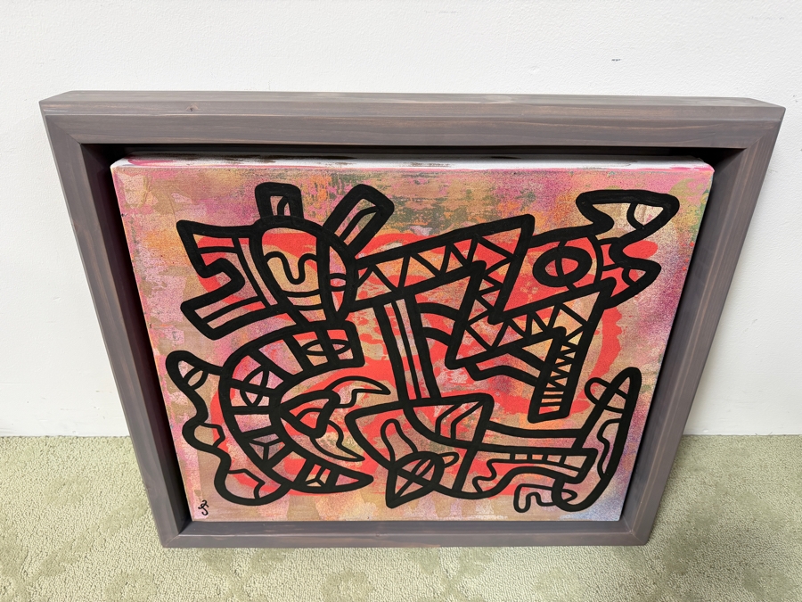 Santos Orellana (B. 1974, American) Original Acrylic Painting On Canvas Signed Bottom Left 'The Art Of Santos' Urban Pop Artwork 28.5' X 24.5' With Substantial Hand Painted Wooden Frame Estimate $1,000-$1,400 [Photo 5]