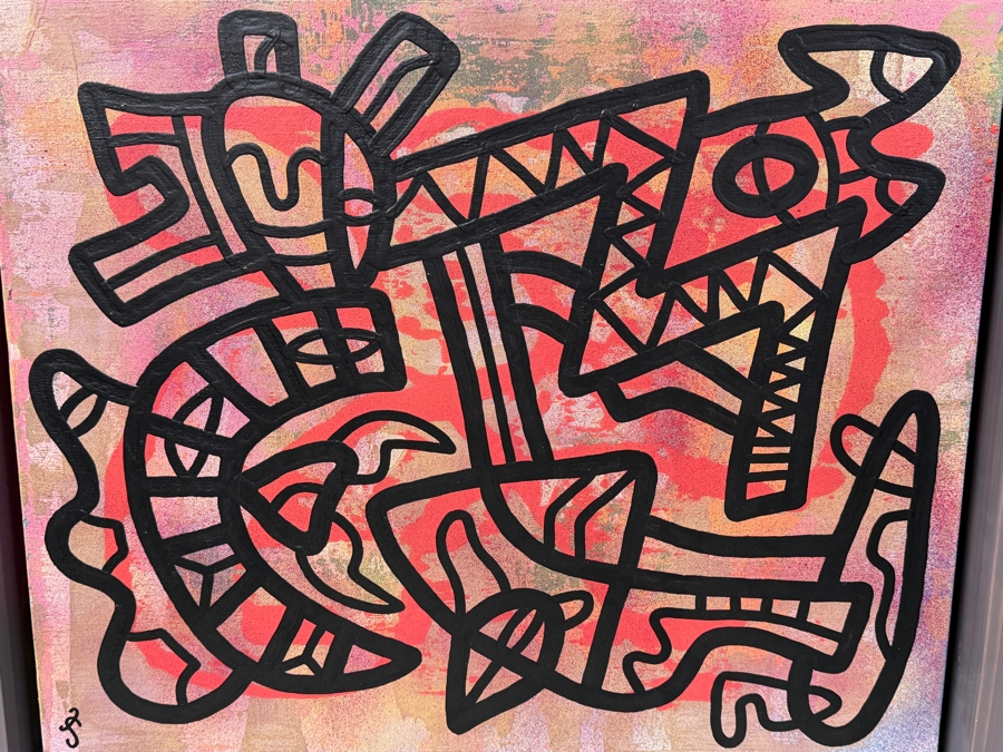 Santos Orellana (B. 1974, American) Original Acrylic Painting On Canvas Signed Bottom Left 'The Art Of Santos' Urban Pop Artwork 28.5' X 24.5' With Substantial Hand Painted Wooden Frame Estimate $1,000-$1,400 [Photo 2]
