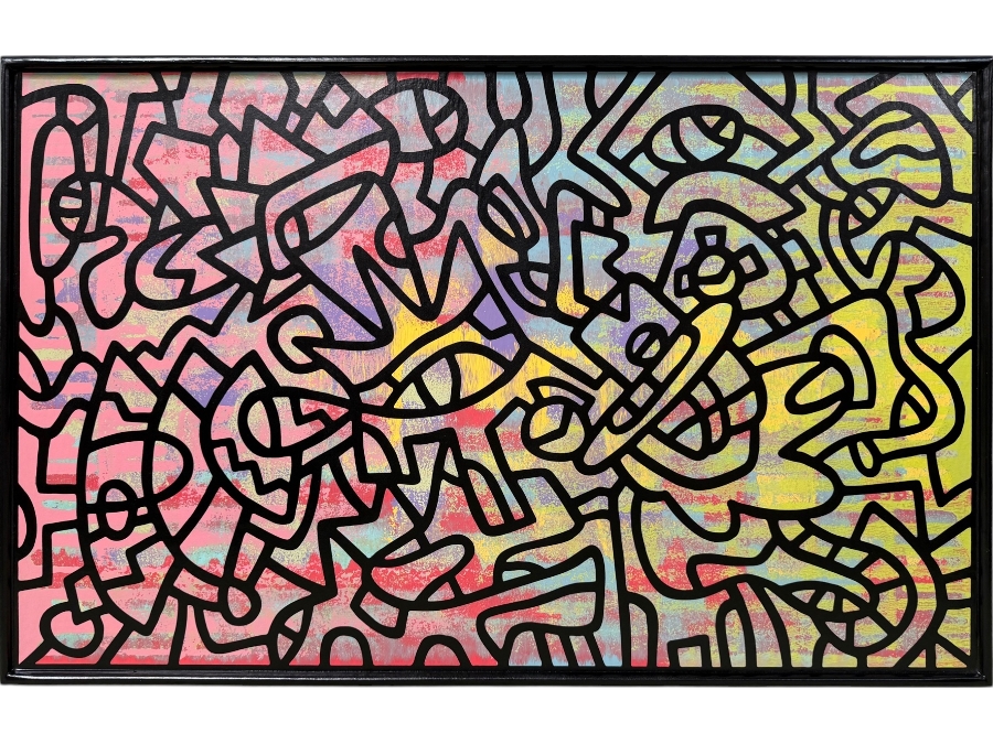 Santos Orellana (B. 1974, American) Original Acrylic Painting On Plywood Signed Verso 'The Art Of Santos' Urban Pop Artwork 36' X 24' With Substantial Hand Painted Wooden Frame SO-APR2021-004 Estimate $1,300-$1,700