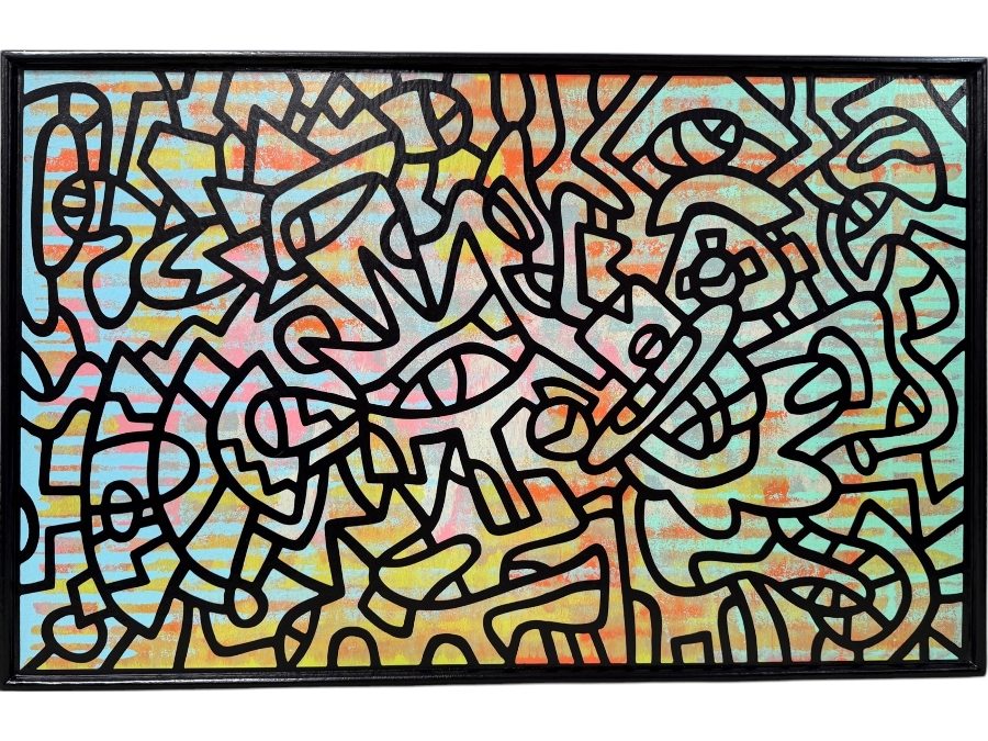 Santos Orellana (B. 1974, American) Original Acrylic Painting On Plywood Signed Verso 'The Art Of Santos' Urban Pop Artwork 36' X 24' With Substantial Hand Painted Wooden Frame SO-APR2021-005 Estimate $1,300-$1,700
