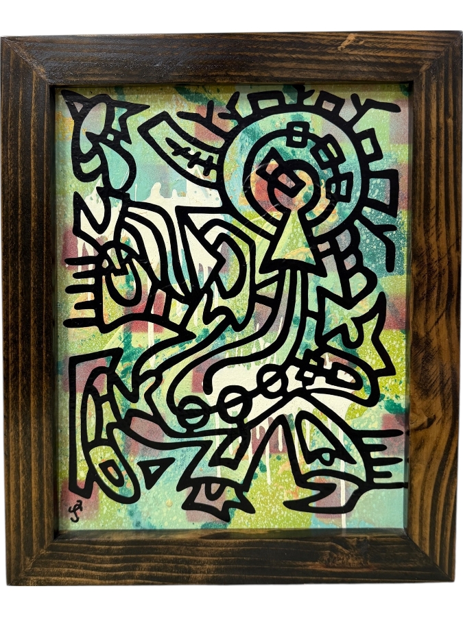 Santos Orellana (B. 1974, American) Original Acrylic Painting On Plywood Signed Bottom Left 'The Art Of Santos' Urban Pop Artwork 10' X 13' With Substantial Hand Painted Wooden Frame 13' X 16' Estimate $200-$250