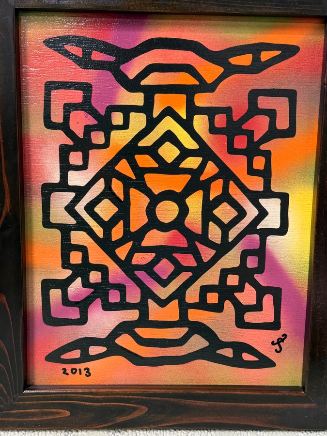 Santos Orellana (B. 1974, American) Original Acrylic Painting On Plywood Signed Bottom Right 'The Art Of Santos' Urban Pop Artwork 10' X 13' With Substantial Hand Painted Wooden Frame 13' X 16' Simetria #10 Estimate $200-$250 [Photo 2]