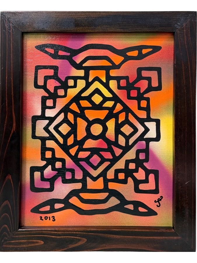 Santos Orellana (B. 1974, American) Original Acrylic Painting On Plywood Signed Bottom Right 'The Art Of Santos' Urban Pop Artwork 10' X 13' With Substantial Hand Painted Wooden Frame 13' X 16' Simetria #10 Estimate $200-$250