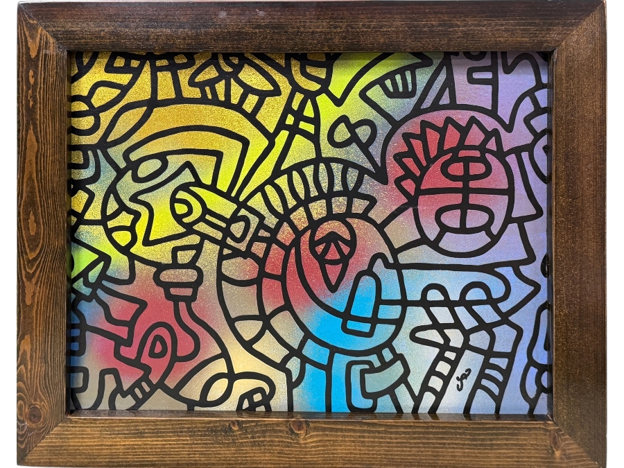 Santos Orellana (B. 1974, American) Original Acrylic Painting On Plywood Signed Bottom Right 'The Art Of Santos' Urban Pop Artwork 13' X 10' With Substantial Hand Painted Wooden Frame 16' X 13' Estimate $200-$250