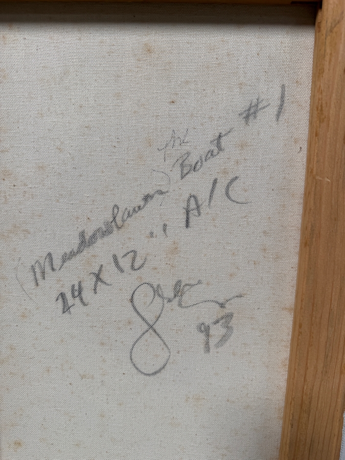 Gerrit Greve (1948-2024, Cardiff by the Sea, CA) Original Acrylic Painting On Canvas Titled 'Meadowlawn Boat #1' Dated 1993 Signed Lower Right And Verso 12' X 24' Estimate $250-$500 [Photo 6]