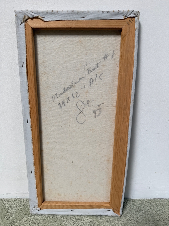 Gerrit Greve (1948-2024, Cardiff by the Sea, CA) Original Acrylic Painting On Canvas Titled 'Meadowlawn Boat #1' Dated 1993 Signed Lower Right And Verso 12' X 24' Estimate $250-$500 [Photo 5]