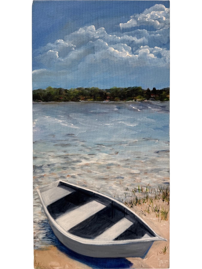 Gerrit Greve (1948-2024, Cardiff by the Sea, CA) Original Acrylic Painting On Canvas Titled 'Meadowlawn Boat #1' Dated 1993 Signed Lower Right And Verso 12' X 24' Estimate $250-$500