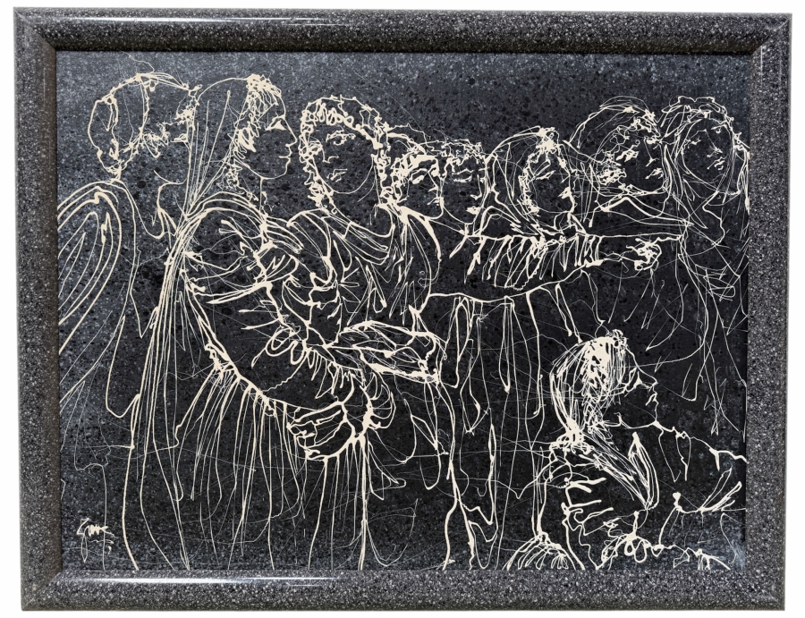 Gerrit Greve (1948-2024, Cardiff by the Sea, CA) Original Acrylic Drip Painting On Canvas Titled 'Witnesses - After DaVinci' Signed Lower Right 40' X 30' Framed 44.5 X 34.5 Estimate $1,000-$2,000