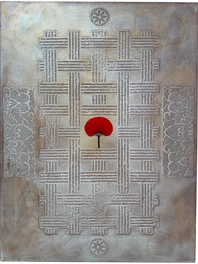 Gerrit Greve (1948-2024, Cardiff by the Sea, CA) Original Abstract Mixed Media Acrylic Sand Icon Painting On Canvas Signed Verso 30' X 40' Estimate $1,000-$2,000
