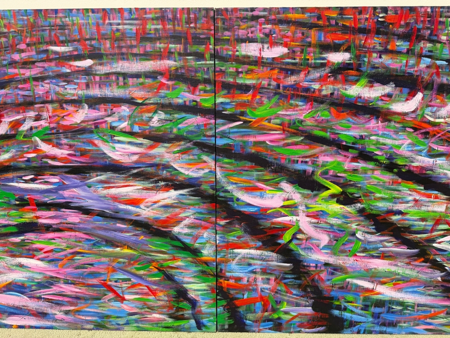 Gerrit Greve (1948-2024, Cardiff by the Sea, CA) Large Original Abstract Acrylic Diptych Painting On Canvas Titled 'Grass Water Ripples' Signed Verso 72' X 36' Estimate $2,150-$4,300 [Photo 4]