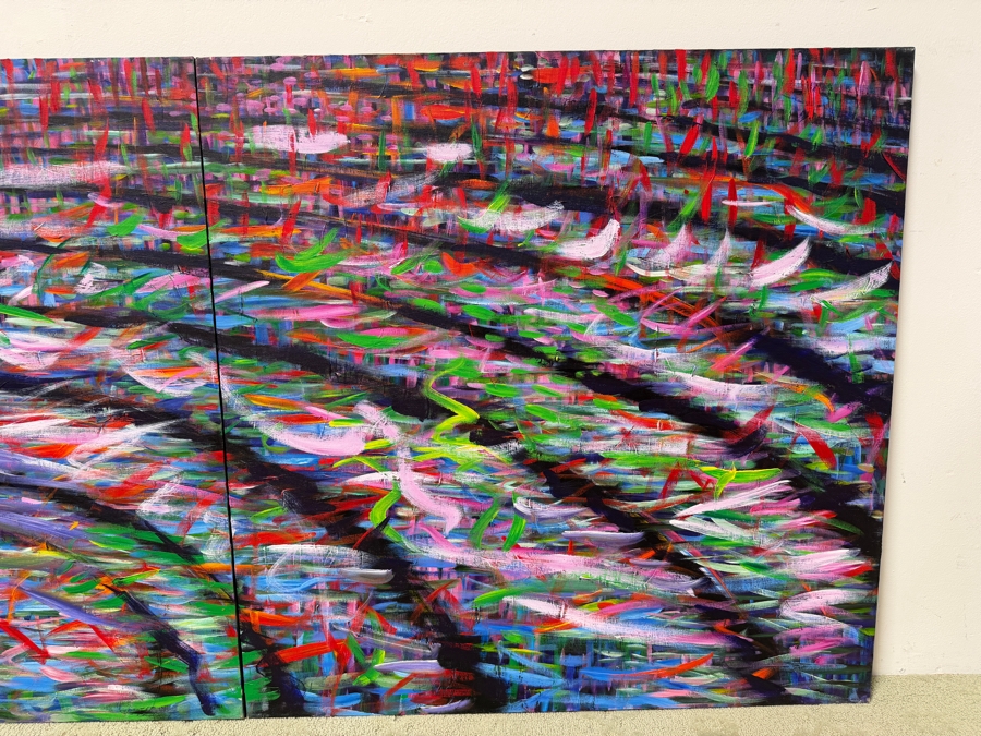 Gerrit Greve (1948-2024, Cardiff by the Sea, CA) Large Original Abstract Acrylic Diptych Painting On Canvas Titled 'Grass Water Ripples' Signed Verso 72' X 36' Estimate $2,150-$4,300 [Photo 3]