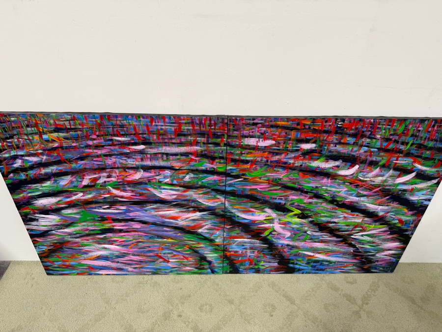 Gerrit Greve (1948-2024, Cardiff by the Sea, CA) Large Original Abstract Acrylic Diptych Painting On Canvas Titled 'Grass Water Ripples' Signed Verso 72' X 36' Estimate $2,150-$4,300 [Photo 5]