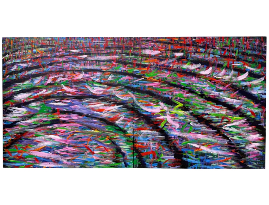Gerrit Greve (1948-2024, Cardiff by the Sea, CA) Large Original Abstract Acrylic Diptych Painting On Canvas Titled 'Grass Water Ripples' Signed Verso 72' X 36' Estimate $2,150-$4,300
