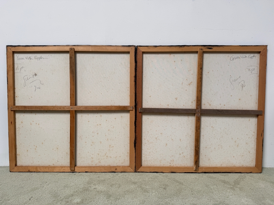 Gerrit Greve (1948-2024, Cardiff by the Sea, CA) Large Original Abstract Acrylic Diptych Painting On Canvas Titled 'Grass Water Ripples' Signed Verso 72' X 36' Estimate $2,150-$4,300 [Photo 6]