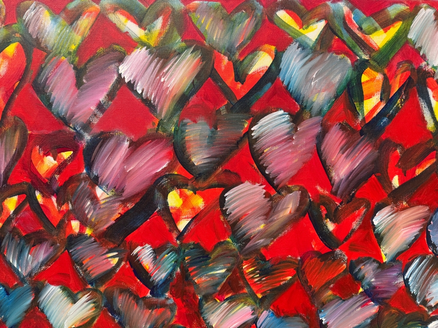 Gerrit Greve (1948-2024, Cardiff by the Sea, CA) Original Acrylic Painting On Canvas Titled 'Heart Gathering' Signed Lower Right 36' X 36' Estimate $1,100 - $2,200 [Photo 4]