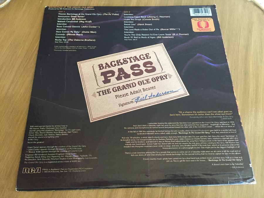 Bill Anderson - Backstage At The Grand Ole Opry - RCA ‎- AHL1-4350 [Photo 2]