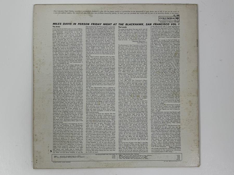 Miles Davis - Friday Night In Person At The Blackhawk, San Francisco Volume 1. Columbia Records, CL 1669, 1961. Vinyl Record [Photo 2]