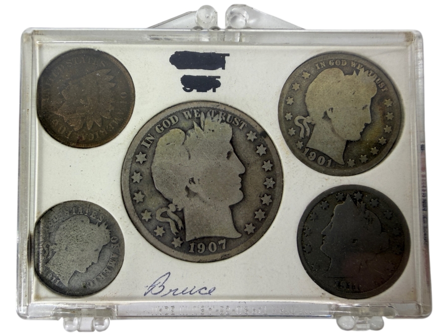 1907 Silver Barber Half Dollar, 1901 Silver Barber Quarter, 1911 Silver Barber Dime, 1901 Indian Head Cent And 1911 Liberty Head 'V' Nickel