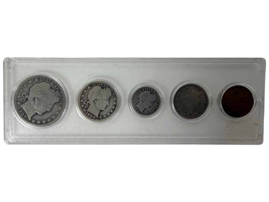1907 Silver Barber Half Dollar, 1900 Silver Barber Quarter, 1914 Silver Barber Dime, 1912 Liberty Head 'V' Nickel And 1902 Indian Head Cent