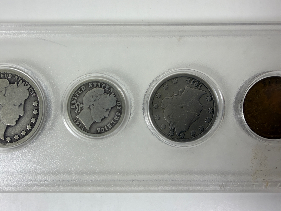 1907 Silver Barber Half Dollar, 1900 Silver Barber Quarter, 1914 Silver Barber Dime, 1912 Liberty Head 'V' Nickel And 1902 Indian Head Cent [Photo 3]