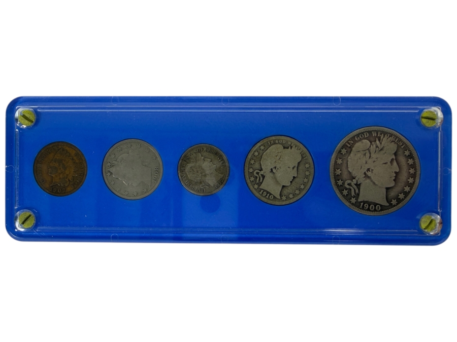 1900 Silver Barber Half Dollar, 1910 Silver Barber Quarter, 1912 Silver Barber Dime, 1908 Liberty Head 'V' Nickel And 1907 Indian Head Cent [Photo 1]
