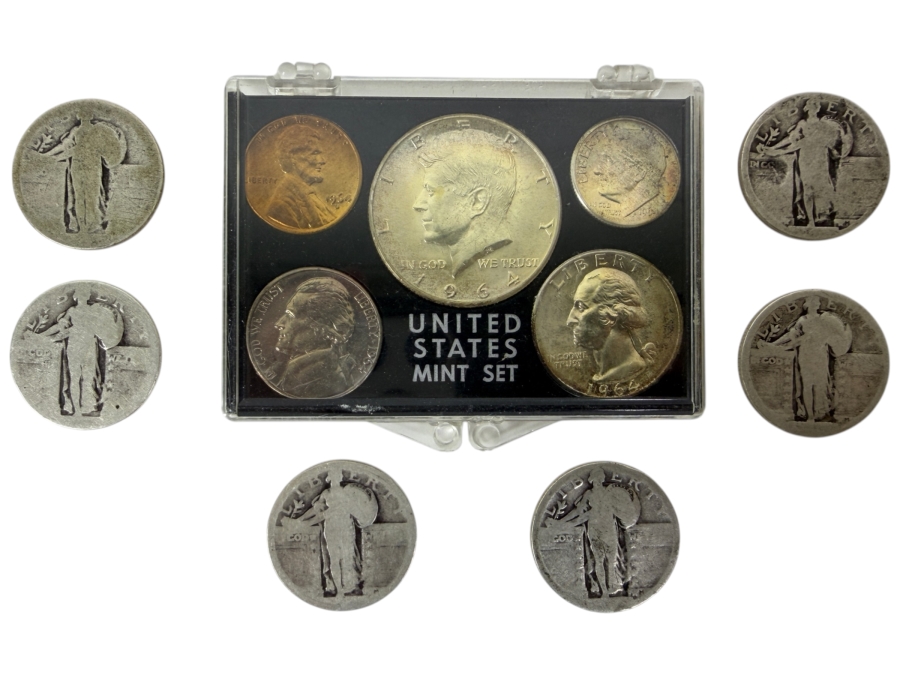 1964 United States Mint Set With Silver Kennedy Half Dollar And (6) Silver Standing Liberty Quarters