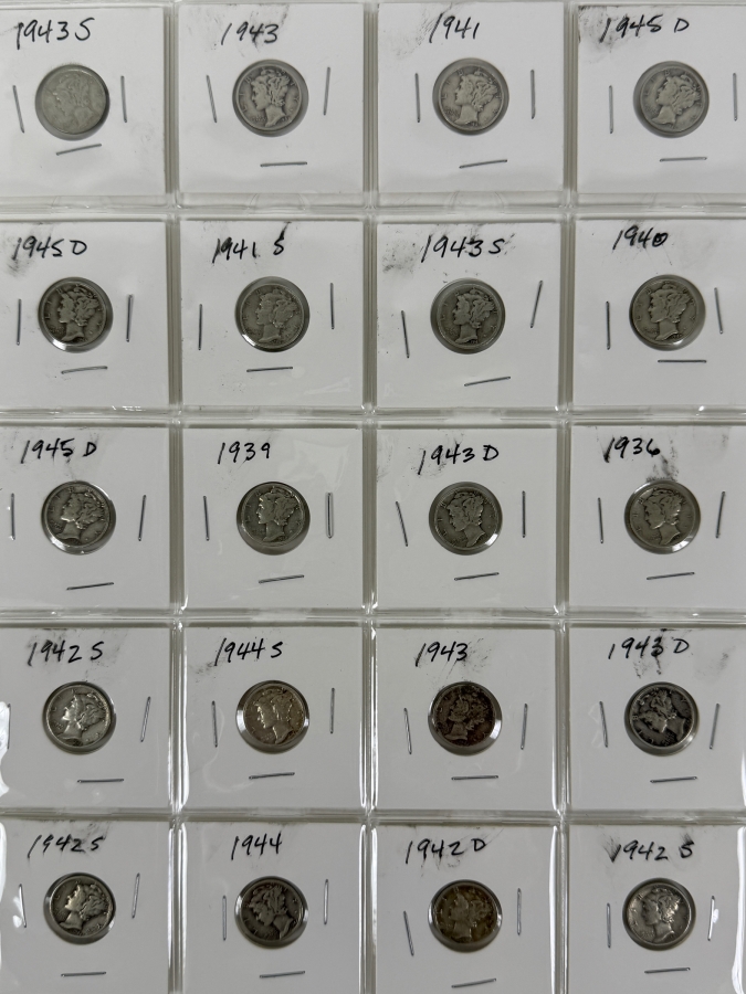 (20) Silver Winged Liberty Head Mercury Dimes Collection From 1936-1945 - See Photos For Details