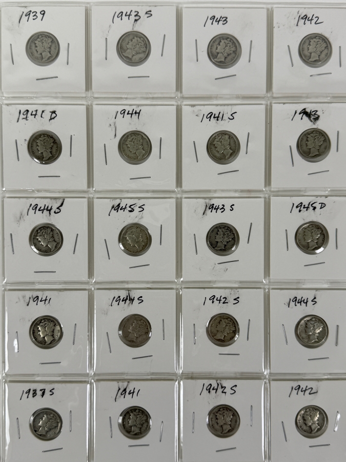 (20) Silver Winged Liberty Head Mercury Dimes Collection From 1937-1945 - See Photos For Details