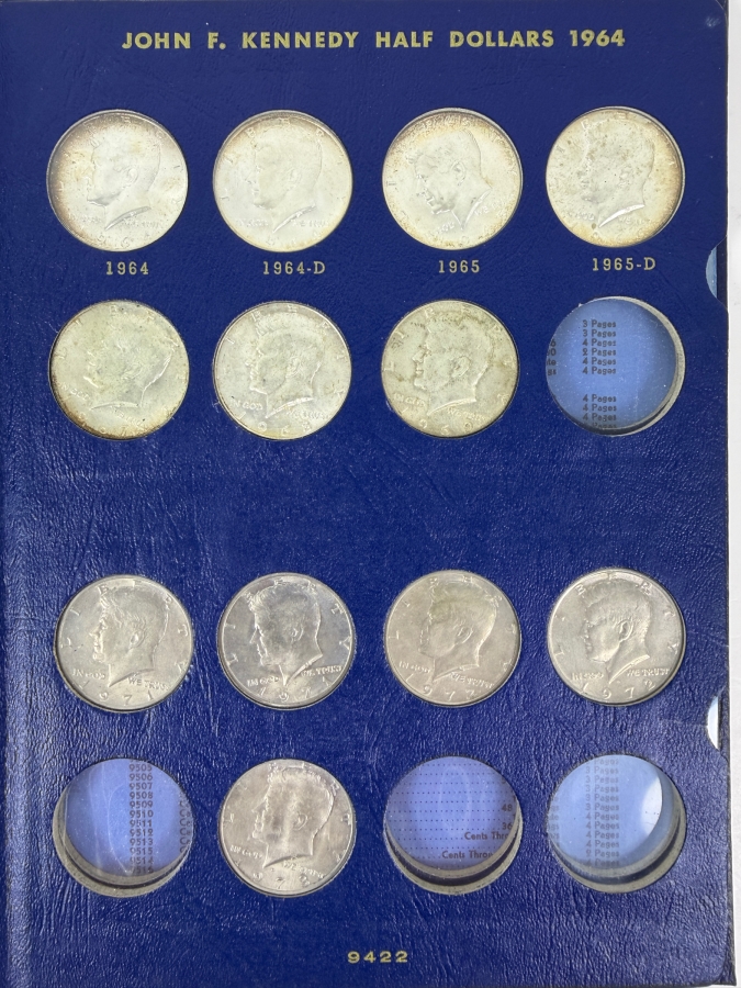 (12) 1964-1972 Kennedy Half Dollars With Coin Book (90% Silver In 1964, 40% Silver 1965-1970) - See Photos For Details