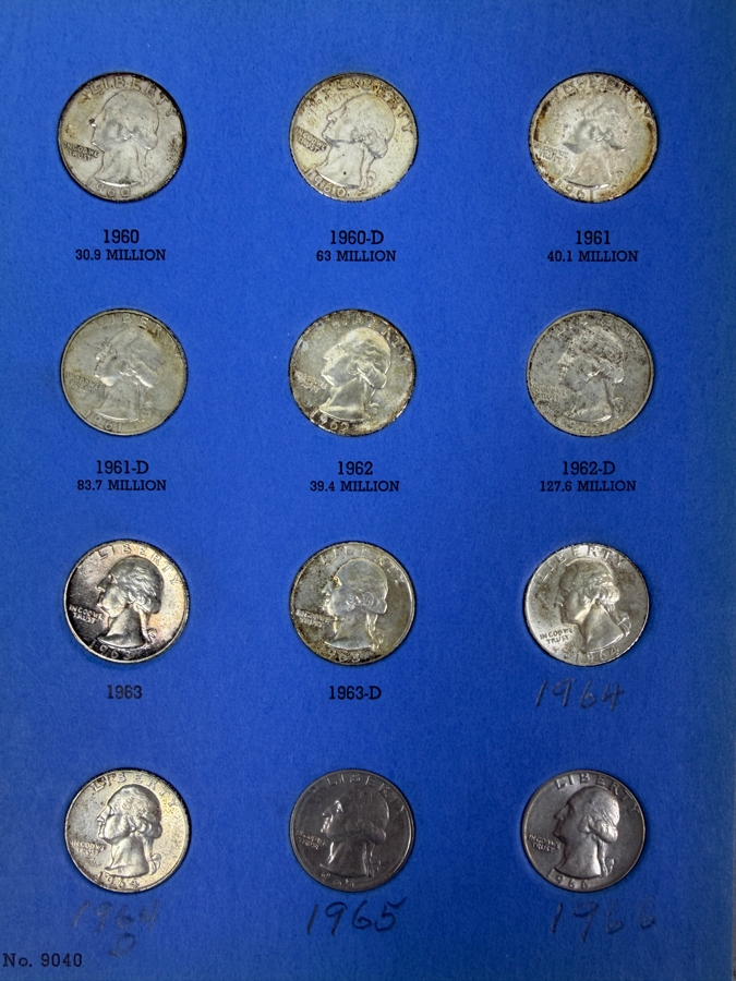 (10) 1960-1964 Silver Washington Quarters And (24) Quarters From 1965-1980 With Book - See Photos For Details [Photo 2]