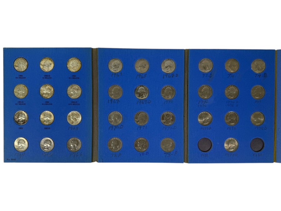 (10) 1960-1964 Silver Washington Quarters And (24) Quarters From 1965-1980 With Book - See Photos For Details