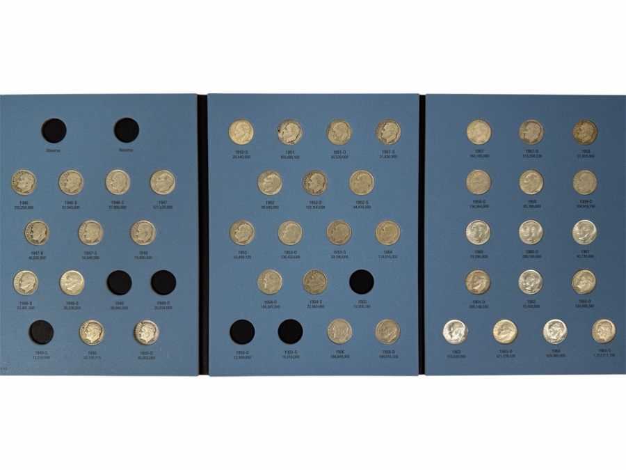 (42) Silver Roosevelt Dimes From 1946-1964 With Book - See Photos For Details