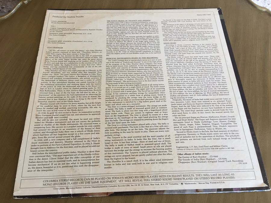 Uday Shankar ‎- Hindu Dancers And Musicians - Columbia Masterworks ‎- MS 7205 [Photo 2]