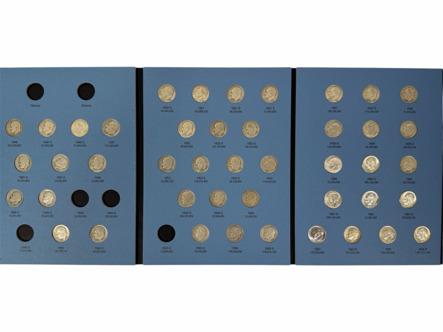 (44) Silver Roosevelt Dimes From 1946-1964 With Book - See Photos For Details
