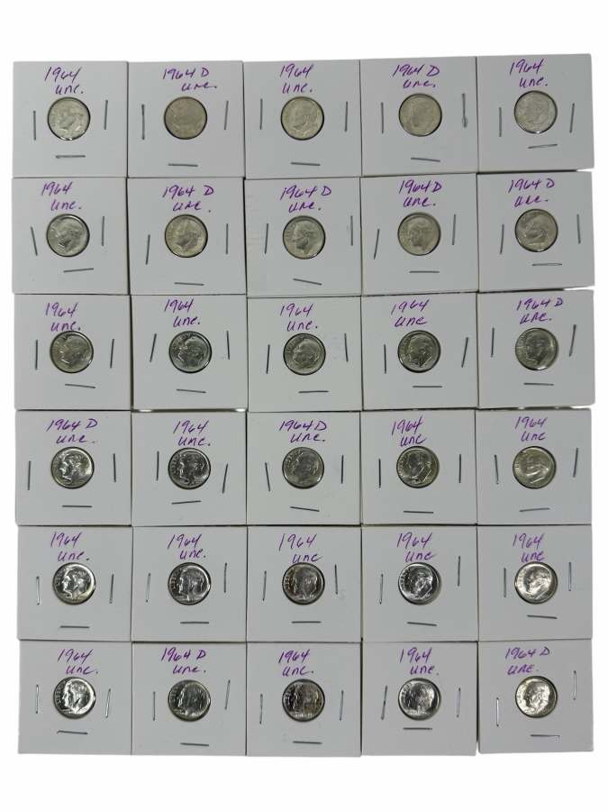 (30) Uncirculated Silver Roosevelt Dimes From 1964 - See Photos For Details