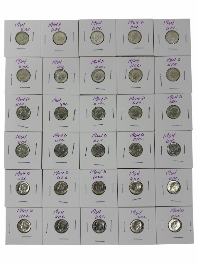 (30) Uncirculated Silver Roosevelt Dimes From 1964 - See Photos For Details