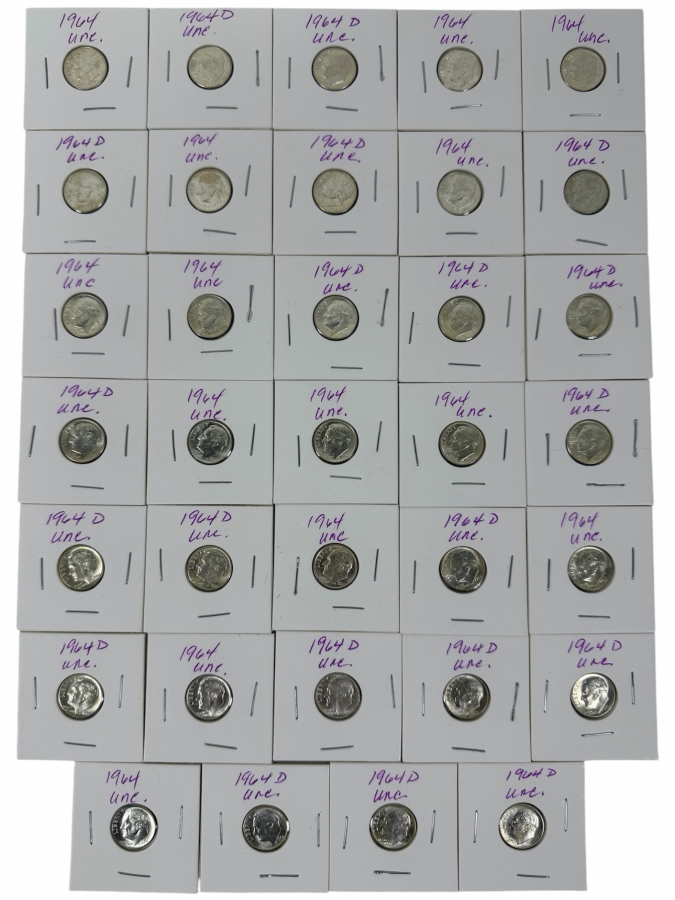 (34) Uncirculated Silver Roosevelt Dimes From 1964 - See Photos For Details