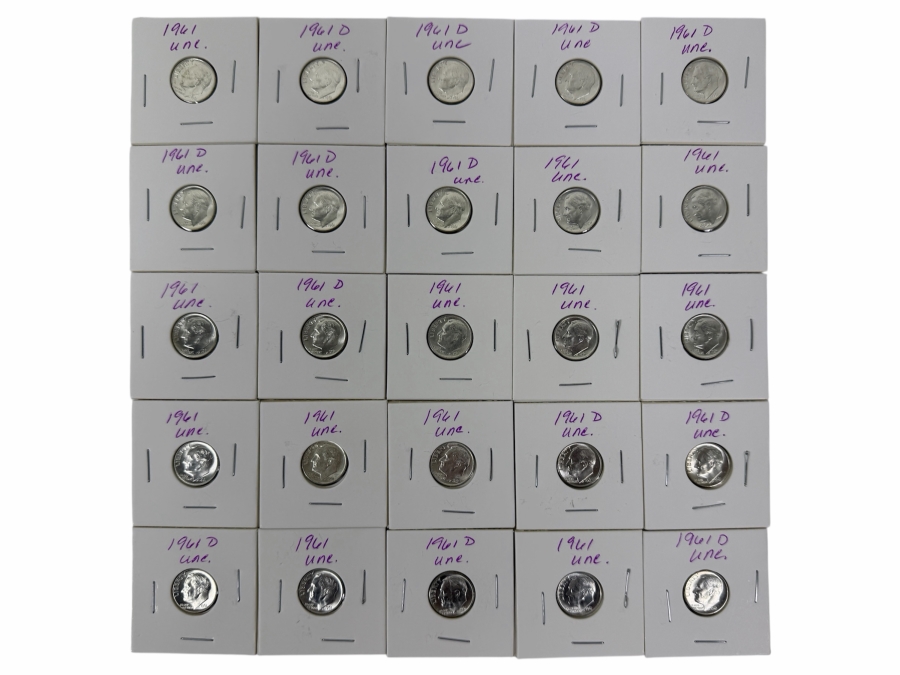 (25) Uncirculated Silver Roosevelt Dimes From 1964 - See Photos For Details