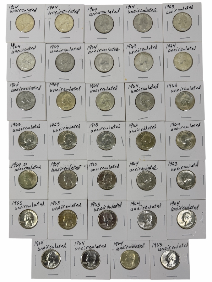 (34) Uncirculated Silver Washington Quarters From 1963-1964 - See Photos For Details