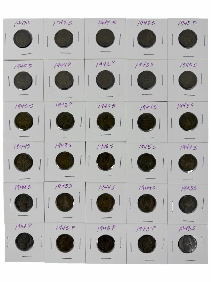 (30) Silver Jefferson Wartime Nickels From 1942 To 1945 - See Photos For Details