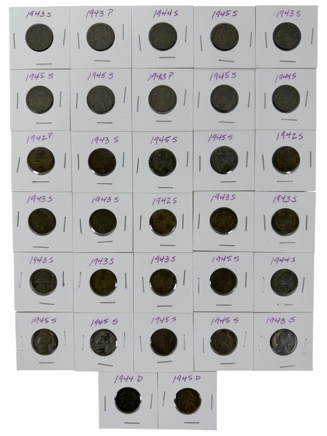 (32) Silver Jefferson Wartime Nickels From 1942 To 1945 - See Photos For Details