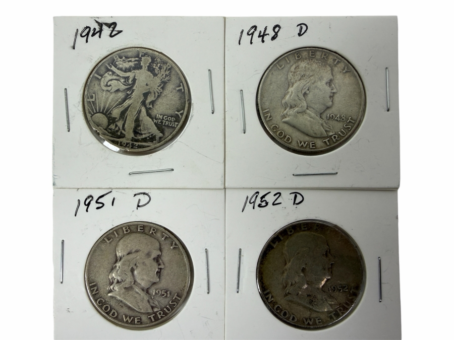 1942 Silver Walking Liberty Half Dollar and 1948 D /1951 D/1952 D Silver Franklin Half Dollars
