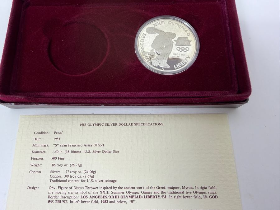 1983 United States Los Angeles 23rd Olympics Silver Dollar Proof Coin In Box [Photo 3]