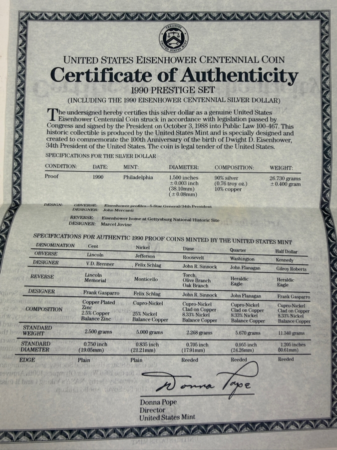 1990 Eisenhower Centennial Prestige Proof Set Including Commemorative Silver Dollar In Box with Cert [Photo 5]