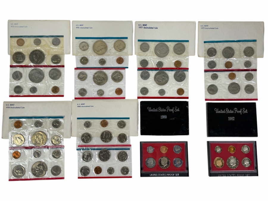 Collection (8) Of Vintage 1970s And 1980s United States Mint Sets