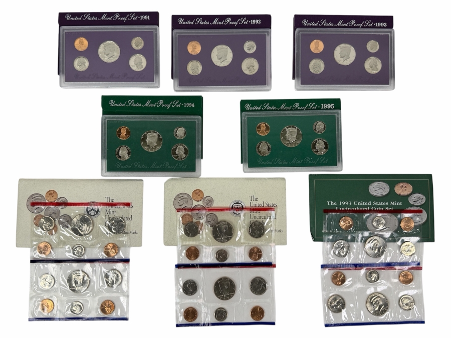 Collection (8) Of Vintage 1990s United States Mint Sets