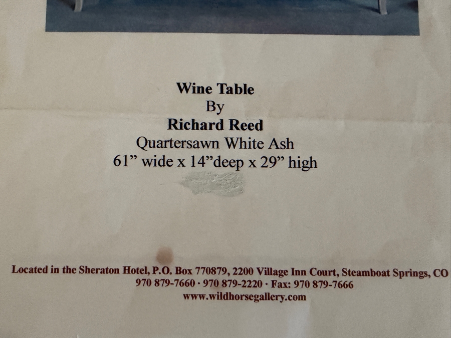 Custom Quartersawn White Ash Wine Table By Richard Reed Purchased From The Wild Horse Gallery Of Steamboat Springs 61'W x 14'D x 29'H [Photo 9]