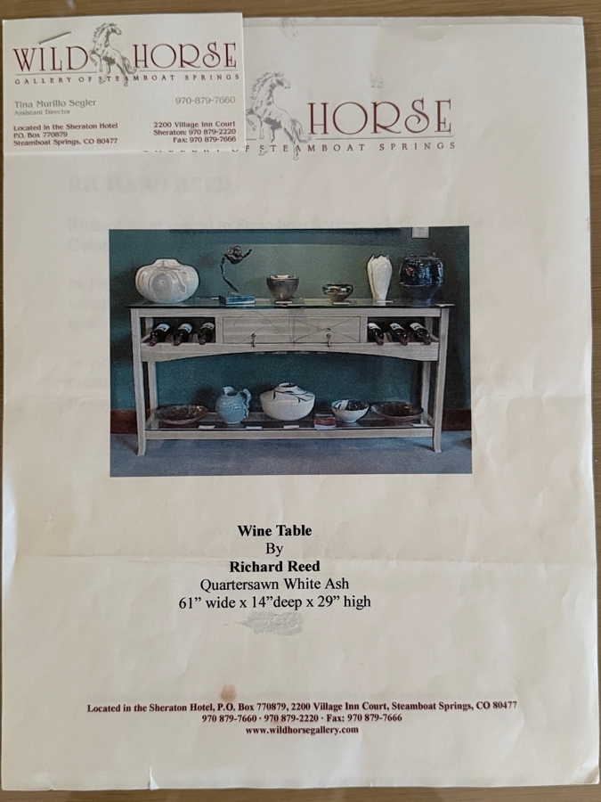 Custom Quartersawn White Ash Wine Table By Richard Reed Purchased From The Wild Horse Gallery Of Steamboat Springs 61'W x 14'D x 29'H [Photo 7]