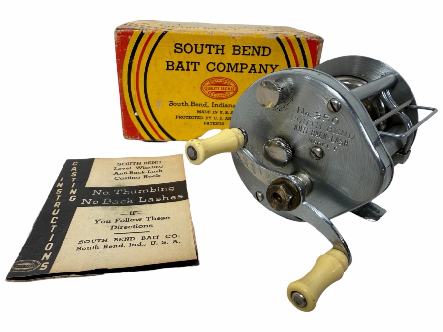 Just Added - New Old Stock South Bend Bait Company No. 350 Anti-Back-Lash Casting Fishing Reel With Original Box And Instructions